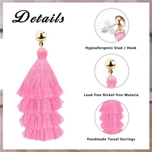 4 Pairs Pink Tassel Earrings For Women Fan Shape Tassel Earrings Long - Picture 2 of 6